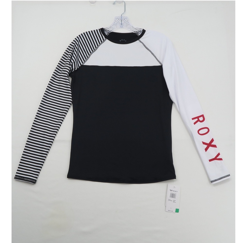 Roxy Womens Long Sleeve Rashguard Stripe Colorblock Swim Top Black White L